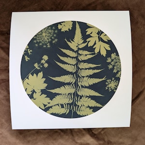 May include: A square art print featuring a circular design with a dark blue background. The design showcases a central fern and various other plant silhouettes in shades of gold and olive green. The print is set against a white border.