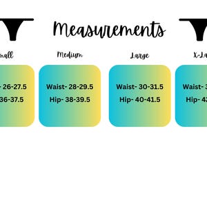 May include: A size chart for underwear with measurements in inches for waist and hip sizes. The chart shows four sizes: small, medium, large, and x-large.