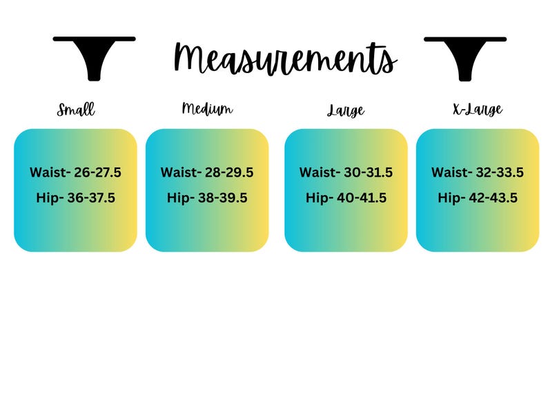 May include: A size chart for underwear with measurements in inches for waist and hip sizes. The chart shows four sizes: small, medium, large, and x-large.
