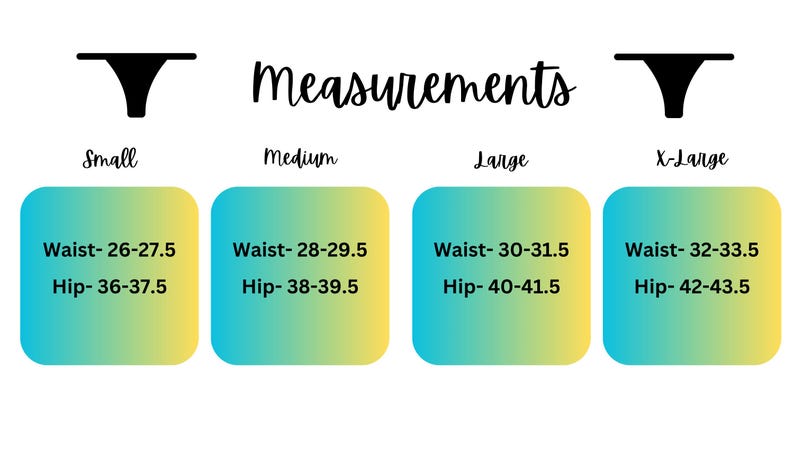 May include: A chart showing size measurements for underwear in inches. The chart shows the waist and hip measurements for small, medium, large, and extra-large sizes.