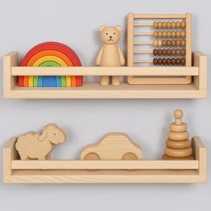 Set of 2 Floating Nursery Shelves – Natural Wood Wall Shelves for Kids Room, Kitchen or Bathroom