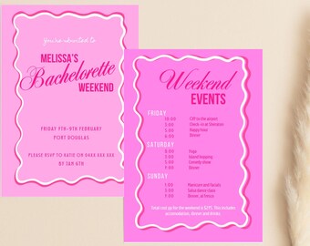 Bridal Shower Invitation Wavy Border | Bridal Shower Itinerary| Hot Pink Hens Invite | hot pink Bachelorette Invite | Editable Invite