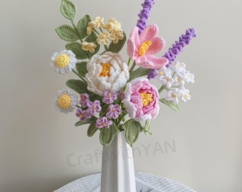 Häkel-Blumenstrauß: Handgemachte Pfingstrose, Gänseblümchen, Lavendel-Arrangement