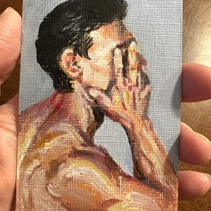 Título del producto: Pintura original de ACEO "Hoping" / Tarjeta de intercambio de arte (ATC) / Retrato acrílico / 2,5 x 3,5 pulgadas / Firmado por el artista, WM / 2024