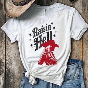 Téléchargement numérique graphique Cowboy/Western - « Raisin' Hell » avec silhouette de cow-girl - svg, sublimation, fichier de coupe, dtf, png, jpeg