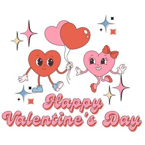 Könnte beinhalten: Zwei Comic-Herzen, eines rot und eines rosa, mit lächelnden Gesichtern und großen Augen. Das rote Herz hält einen rosa Ballon. Das rosa Herz trägt eine Schleife. Der Text "Happy Valentine's Day" ist in rosa und roten Buchstaben unter den Herzen geschrieben.