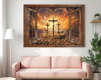 Könnte beinhalten: Ein gerahmter Wandkunstdruck mit drei Kreuzen auf einem Hügel vor einem leuchtenden Sonnenuntergangshimmel. Das Kunstwerk ist in einem Holzfenster mit geöffneten Fensterläden gerahmt. Weiße Tauben und bunte Blumen ergänzen die religiöse Szene.