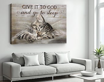 Dibujo dulce, Gatito, Dáselo a Dios y vete a dormir, Decoración del hogar, Impresiones en lienzo de Jesús, Arte mural cristiano, Lienzo de Jesús