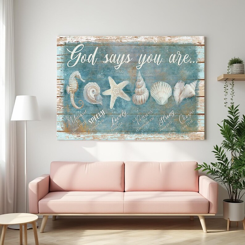 Seashell Scriptures God Says You Are, Jesus Landscape Canvas Prints, Seashells Painting ...