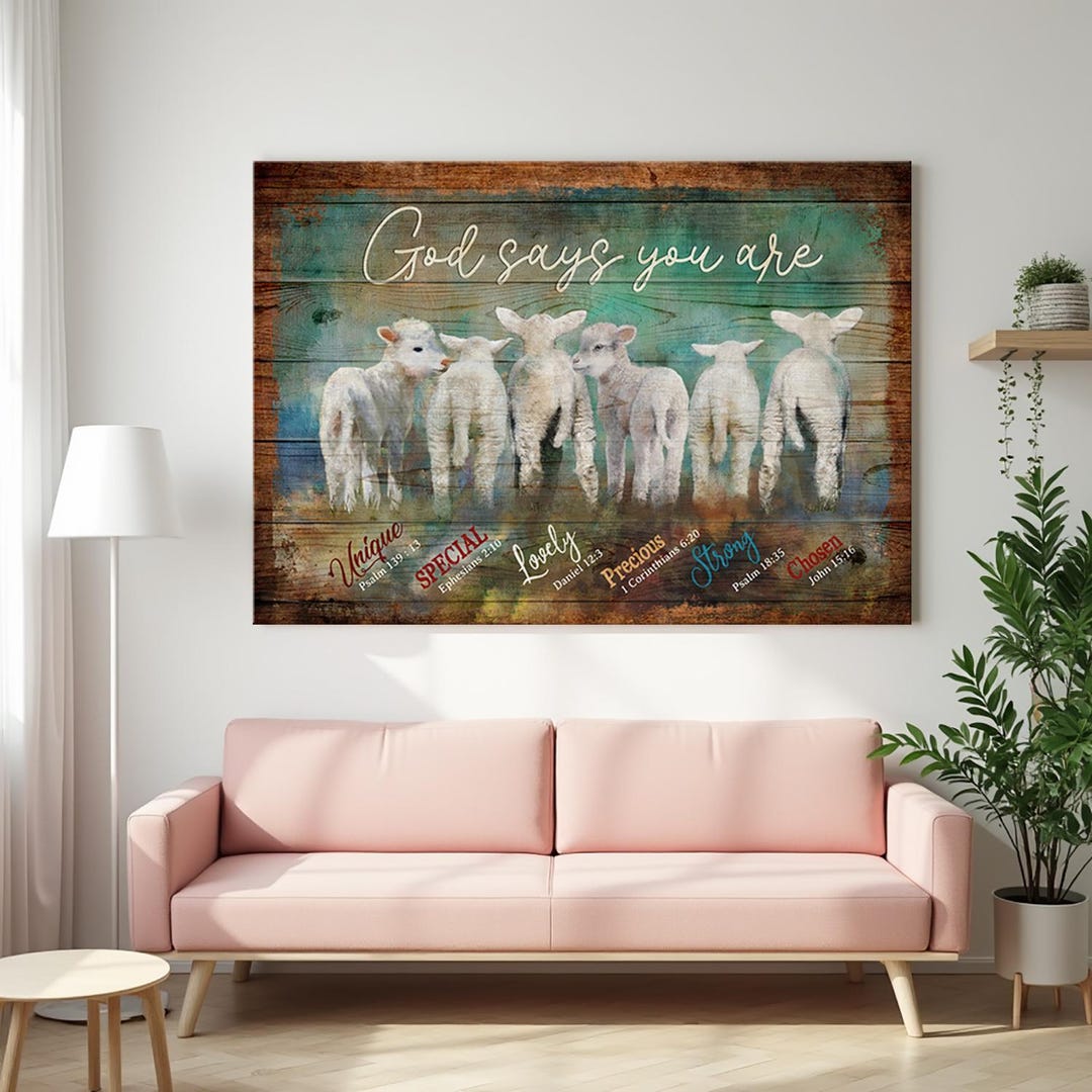 God Says You Are Unique, Adorable Baby Lambs, Jesus Landscape Canvas ...