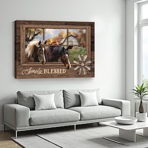 Tela rústica de parede com cavalo, cena de celeiro com vista para janela, decoração de fazenda simplesmente abençoada, arte campestre de outono, impressões em tela de paisagens de Jesus