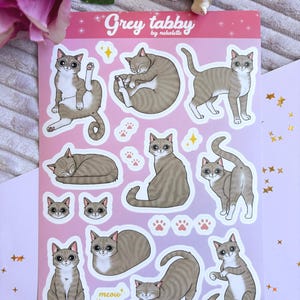 Stickervel grijze Cyperse kat - 20 stuks mat vinyl voor dagboek planner laptop - schattig slapen stretching loafing Kitty
