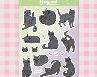 Grey Cat Sticker Sheet - 20 Pieces Matte Vinyl for Journal Planner Laptop - Cute Sleeping Stretching Loafing Kitty
