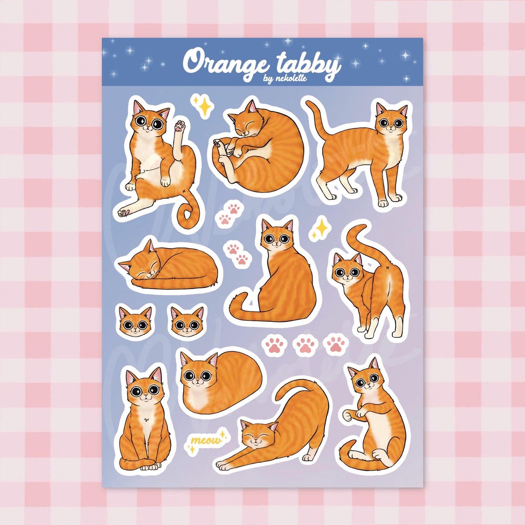 Ginger Orange Tabby Cat Sticker Sheet - 20 Pieces Matte Vinyl for ...