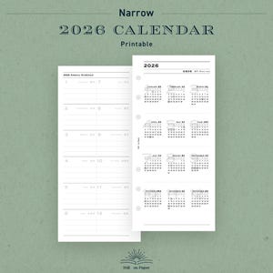 May include: A printable 2026 calendar with a narrow design. The calendar features a yearly schedule and monthly calendars in a minimalist black and white design. The text "2026 CALENDAR Printable" is at the top.