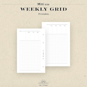May include: Two white printable weekly grid planner pages. The top of the pages read "Mini size WEEKLY GRID Printable". The pages have a grid pattern with spaces for the days of the week and the month. The bottom of the pages have the text "Still on Paper."