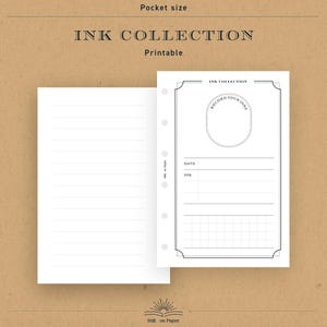 Könnte beinhalten: Ein druckbares Notizbuch im Taschenformat mit dem Text "INK COLLECTION" und "Printable". Das Notizbuch ist geöffnet und zeigt links linierte Seiten und rechts eine Seite mit einem kreisförmigen Design und Feldern für "DATE" und "INK".