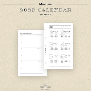 May include: A printable 2026 calendar in a mini size, featuring a white design with monthly layouts and an annual schedule. The calendar includes the text "2026 CALENDAR" and "Printable".