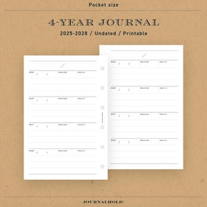 Puede incluir: Un diario imprimible de 4 años en tamaño de bolsillo, sin fecha, con secciones para el clima y la salud para cada año de 2025 a 2028.