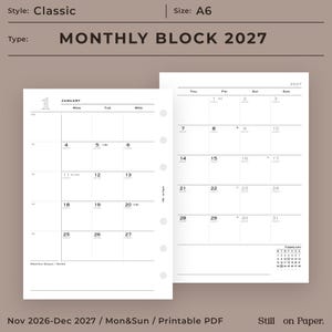 Puede incluir: Una hoja de planificador mensual A6 para 2027 en color blanco con texto y líneas de cuadrícula en negro. El diseño presenta una vista de calendario mensual con los días de la semana, una sección para objetivos y notas, y un calendario de febrero.