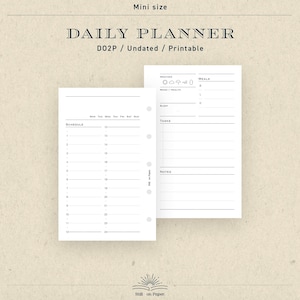 May include: Two white printable daily planner pages with black text. The top page has sections for weather, meals, mood/health, sleep, tasks, and notes. The left page has a schedule from 1 to 12 and a section for the days of the week.