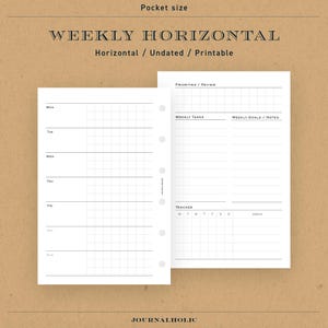 以下が含まれることがあります： 水平方向のフォーマットで印刷可能な週間プランナー。プランナーは日付が記入されておらず、優先事項、週間タスク、目標、メモ、習慣トラッカーのセクションが含まれています。