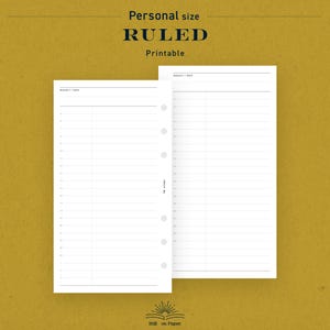 Puede incluir: Dos páginas de planificador imprimibles blancas y rayadas sobre un fondo dorado. Las páginas están etiquetadas como "Personal size", "RULED" y "Printable". Cada página tiene una sección para "Subject / Date" y líneas numeradas. La parte inferior de la imagen tiene el texto "Still on Paper."