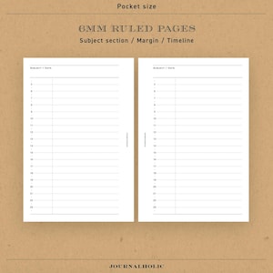 May include: Two blank pages with 6mm ruled lines, a subject section, a margin, and a timeline. The pages are labeled "Subject/Date". The text "Pocket size" and "6MM RULED PAGES" are at the top of the image. The text "Subject section / Margin / Timeline" is below the title. The text "JOURNALHOLIC" is at the bottom of the image.