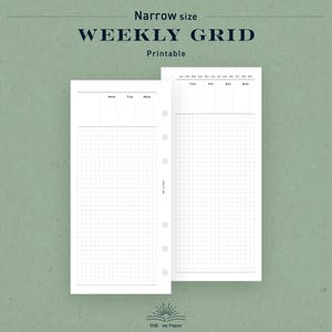 Può includere: Pagine di pianificazione settimanale a griglia stampabili bianche, con un design di dimensioni ridotte. Le pagine sono preforate con fori per un facile inserimento in un raccoglitore. Il testo include "Narrow size", "WEEKLY GRID" e "Printable".