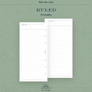 Può includere: Due pagine bianche stampabili per planner con linee a righe e un'intestazione Soggetto/Data. Le pagine sono etichettate "Narrow size", "Ruled" e "Printable". Lo sfondo è di colore verde tenue. La parte inferiore dell'immagine riporta la scritta "Still on Paper."