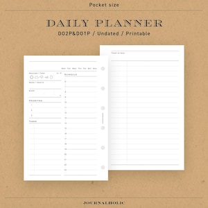 Pocket | Daily Planner | Printable Ring Planner Inserts, Day on a page & Day on 2 pages, Undated