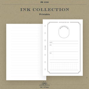 Könnte beinhalten: Druckbare Planerseiten im Format A6 mit dem Text "INK COLLECTION". Die Seiten enthalten ein Füllfederhalter-Protokoll mit Abschnitten für Datum, Tinte und Stift sowie eine linierte Seite. Das Design ist minimalistisch mit einer neutralen Farbpalette.