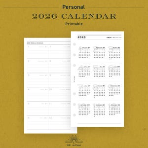 May include: A printable 2026 calendar with a yearly schedule and monthly calendar pages. The calendar is white with black text and is labeled "Personal" at the top. The background is a textured gold color.