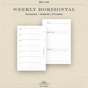 May include: Two white printable planner pages with the text "WEEKLY HORIZONTAL" and "Horizontal / Undated / Printable". The pages include sections for each day of the week, notes, weekly tasks, and a tracker.