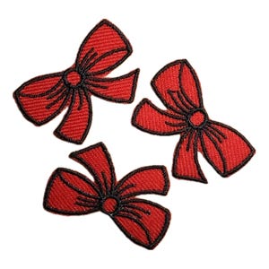 May include: Three red bow patches with black outlines are arranged on a white background. The bows have a textured appearance, with each bow featuring a central knot and looped ends. These patches are suitable for various craft projects.