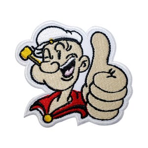 Puede incluir: Parche bordado con el personaje de dibujos animados Popeye, sonriendo y haciendo una señal de aprobación con el pulgar. Popeye lleva un gorro de marinero blanco y una camisa roja, con una pipa de mazorca. El parche tiene un borde blanco.