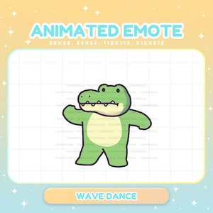 Könnte beinhalten: Eine animierte Emote mit einem grünen Cartoon-Alligator, der winkt. Der Text "ANIMATED EMOTE" steht oben, mit Größenangaben. Der Text "WAVE DANCE" steht unten. Der Hintergrund ist ein Farbverlauf von Gelb und Blau.