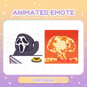 May include: Animated emote graphic with two designs: a Scream mask character and an explosion. The text "ANIMATED EMOTE" is at the top, with size specifications. The word "EXPLOSION" is at the bottom.