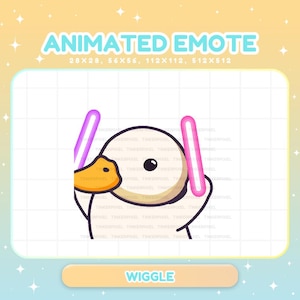May include: An animated emote featuring a cartoon duck with a yellow beak and two pink light sabers. The text "ANIMATED EMOTE" is at the top, with size dimensions. The word "WIGGLE" is at the bottom.