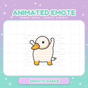 Puede incluir: Emoticón animado con un pato blanco con pico y patas naranjas, bailando con los brazos levantados. El texto "ANIMATED EMOTE" está en la parte superior, con especificaciones de tamaño. Las palabras "SMOOTH DANCE" están en la parte inferior, todo sobre un fondo pastel.