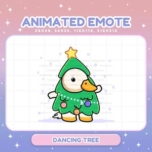 Könnte beinhalten: Ein animiertes Emote mit einer Ente im Weihnachtsbaumkostüm. Die Ente trägt ein grünes Kostüm mit einem gelben Stern, Kugeln und Lichtern. Der Text enthält "ANIMATED EMOTE" und "DANCING TREE".