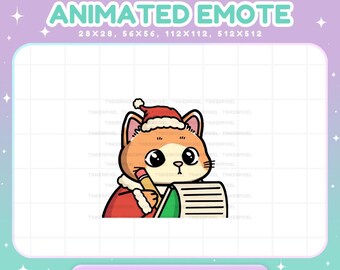 Puede incluir: Emoticón animado con un gato de dibujos animados con gorro y abrigo de Papá Noel, sosteniendo un lápiz y una lista. El texto "SANTA LIST" está en la parte inferior. La imagen está sobre un fondo pastel con el texto "ANIMATED EMOTE".