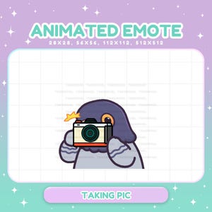 May include: An animated emote featuring a cartoon pigeon taking a picture with a camera. The pigeon is gray and purple, with a yellow flash. The text "ANIMATED EMOTE" is at the top, and "TAKING PIC" is at the bottom.