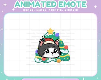 Emoticono de gato blanco y negro animado para Twitch, emoticonos de árbol de Navidad para streamers y vtuber.