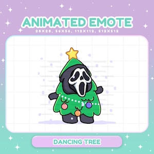 May include: Animated emote featuring a character in a Ghostface mask dressed as a Christmas tree. The green tree has colorful ornaments and a star on top. The text "ANIMATED EMOTE" and "DANCING TREE" are also present.