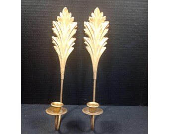 Vintage Retro Hollywood Regency Boho Home Interiors 2-delige set goudkleurige wandlampen met veren/bladeren