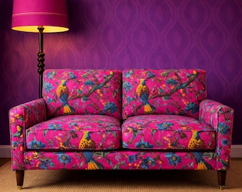 Hot Pink Chintz Fabric by the yard, Bird & Flower Pattern - Home Decor Upholstery