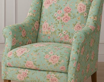 Vintage Floral Upholstery Fabric: Pink Roses Aqua Green Romantic Chic - Sold by the Yard