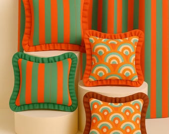 Striped Retro Upholstery Fabric – 70s Orange & Green, Mid-Century Modern