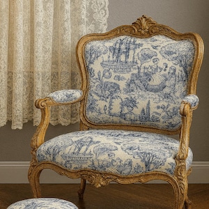 Vintage Toile Upholstery Fabric: Navy Blue Print, 150cm Wide